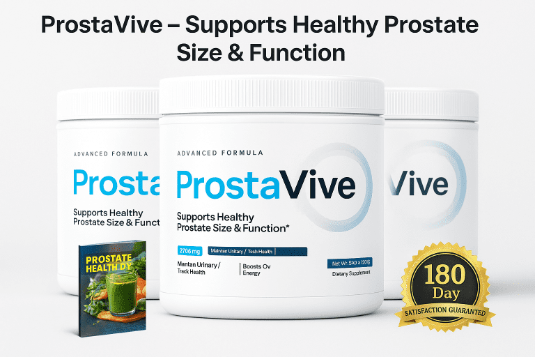 ProstaVive supplement bottles with text overlay “Supports Healthy Prostate Size & Function” and 180-day satisfaction guarantee badge, promoting prostate health for men over 40.