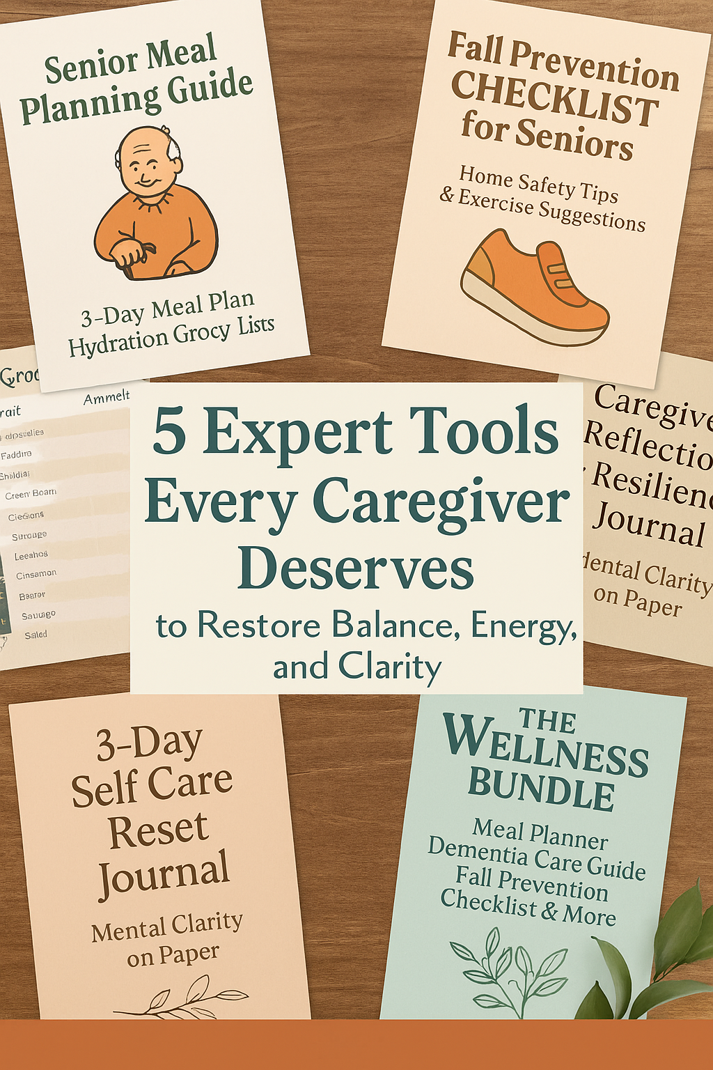 ChatGPT Image Jun 9, 2025, 09_38_18 PM A calming digital graphic promoting a wellness reset bundle for caregivers. The image features softly lit printable pages including a senior meal planning guide, fall prevention checklist, and self-care journal. Text reads “Wellness Reset for Caregivers” in large, clear font. Background includes warm beige tones, greenery, and gentle wellness-themed visuals, conveying peace and support.